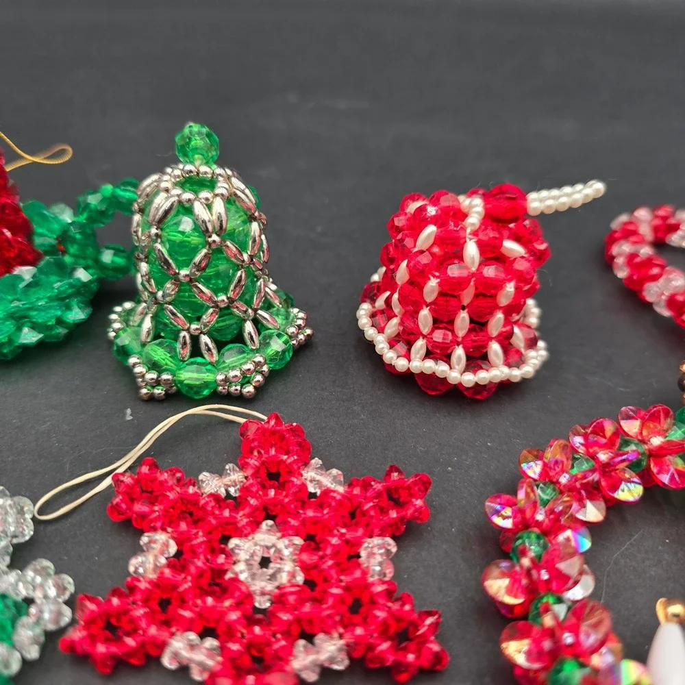 Vintage Handmade Beaded Christmas Ornaments Lot Wreaths Candy Canes Snowflakes